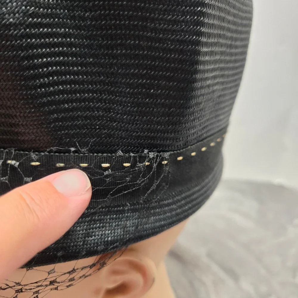 Vintage Black Straw Pillbox Hat with Veil Union Made USA Mid Century Medium - Picture 3 of 8